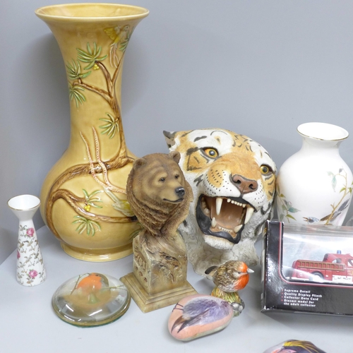 798 - A Price Kensington teapot, a wooden vase, animal figures, a glass model snowman, resin horse, a resi... 