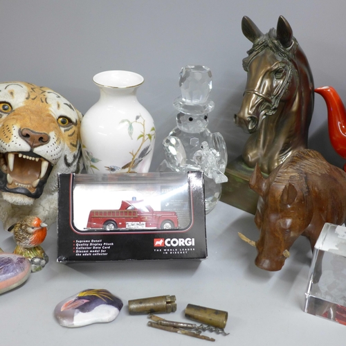 798 - A Price Kensington teapot, a wooden vase, animal figures, a glass model snowman, resin horse, a resi... 