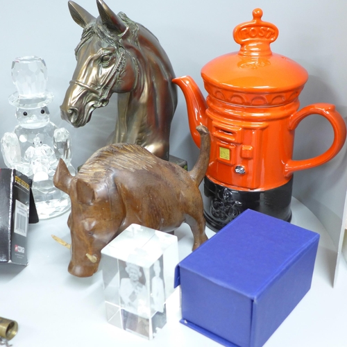 798 - A Price Kensington teapot, a wooden vase, animal figures, a glass model snowman, resin horse, a resi... 