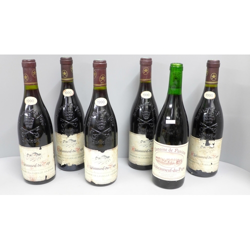 799 - Five bottles of 1990 v. Julienne CNP wine and one 2000 Panisse, (6)