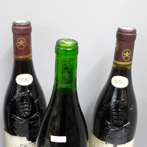 799 - Five bottles of 1990 v. Julienne CNP wine and one 2000 Panisse, (6)