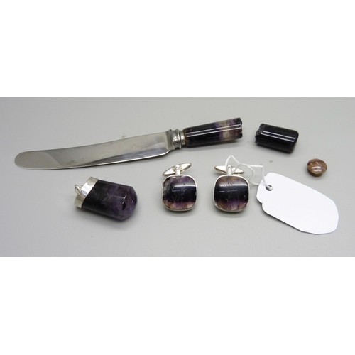 819 - Blue John; hallmarked silver cufflinks, one chipped, a pendant, butter knife a/f and a stud