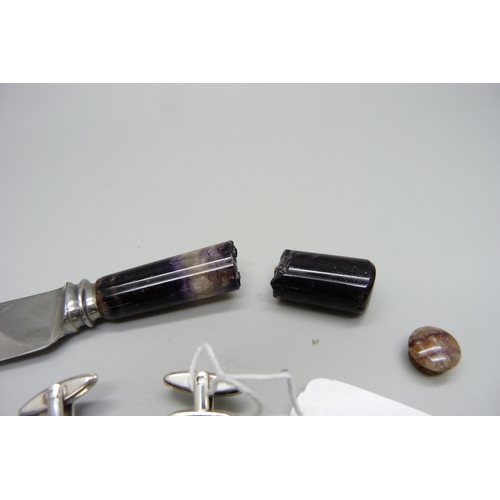 819 - Blue John; hallmarked silver cufflinks, one chipped, a pendant, butter knife a/f and a stud