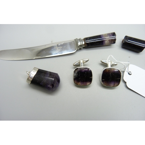 819 - Blue John; hallmarked silver cufflinks, one chipped, a pendant, butter knife a/f and a stud