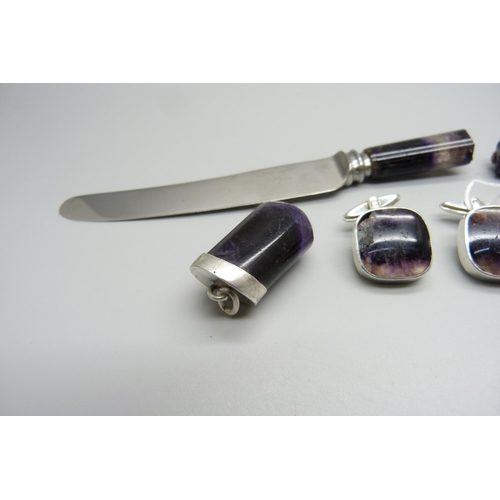 819 - Blue John; hallmarked silver cufflinks, one chipped, a pendant, butter knife a/f and a stud