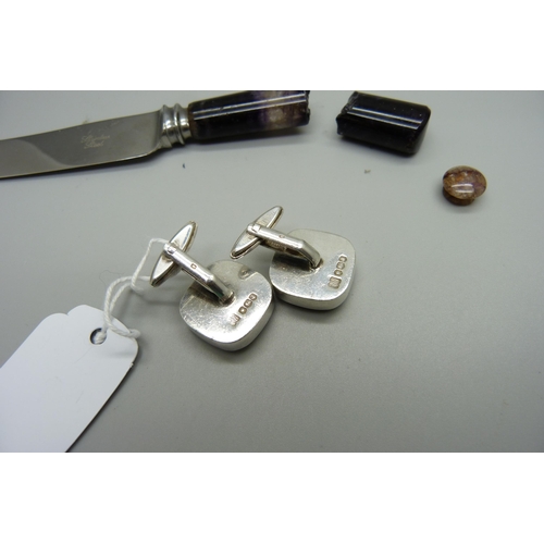 819 - Blue John; hallmarked silver cufflinks, one chipped, a pendant, butter knife a/f and a stud