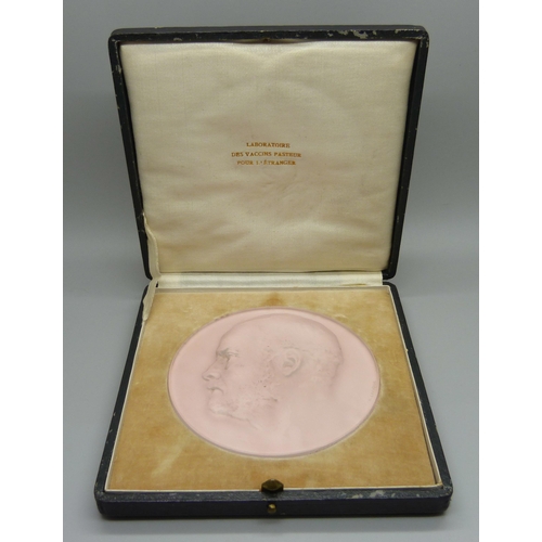 833 - A R. Lalique cameo plaque, Louis Pasteur portrait, diameter 10cm, cased