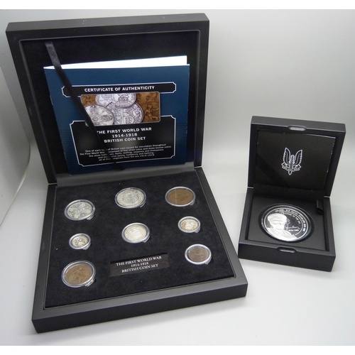 835 - A WWI 1914-1918 British coin set and an SAS Colonel David Stirling medal in silver plating, 540/999