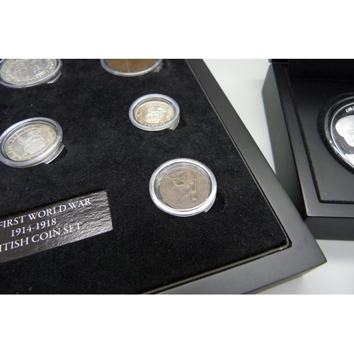 835 - A WWI 1914-1918 British coin set and an SAS Colonel David Stirling medal in silver plating, 540/999