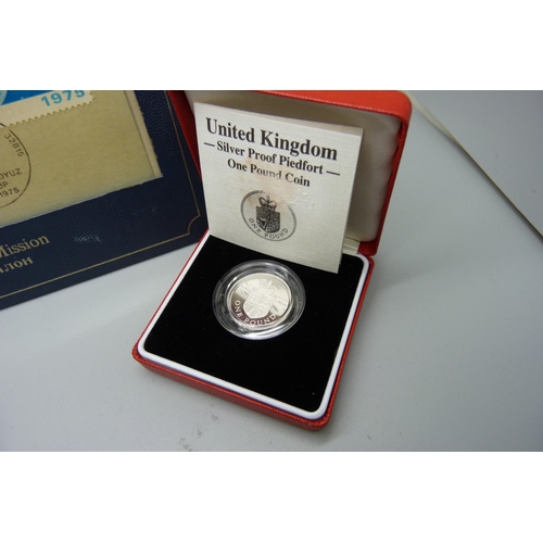 836 - Two silver proof piedfort coins; £1 and £2 and a limited edition sterling silver Space Mission comme... 