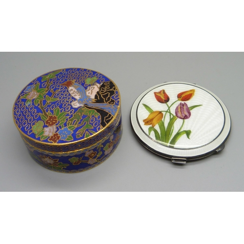 843 - A silver compact with guilloche enamel and hand painted flowers and a cloisonne pot