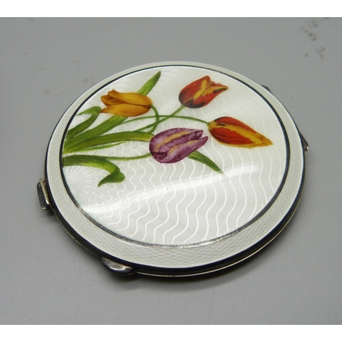 843 - A silver compact with guilloche enamel and hand painted flowers and a cloisonne pot