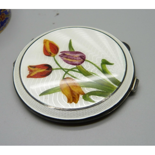 843 - A silver compact with guilloche enamel and hand painted flowers and a cloisonne pot