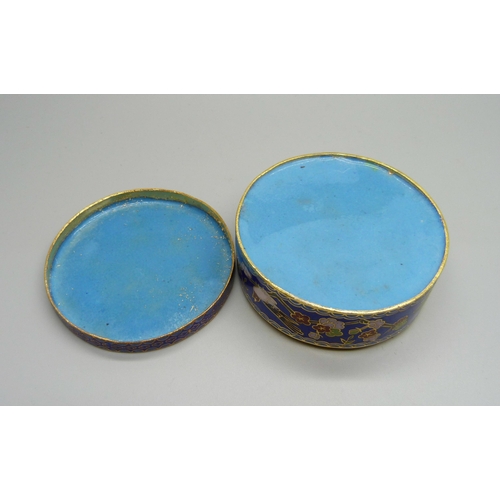 843 - A silver compact with guilloche enamel and hand painted flowers and a cloisonne pot