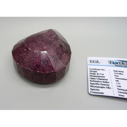 844 - A 1572ct pear cut ruby, with certificate