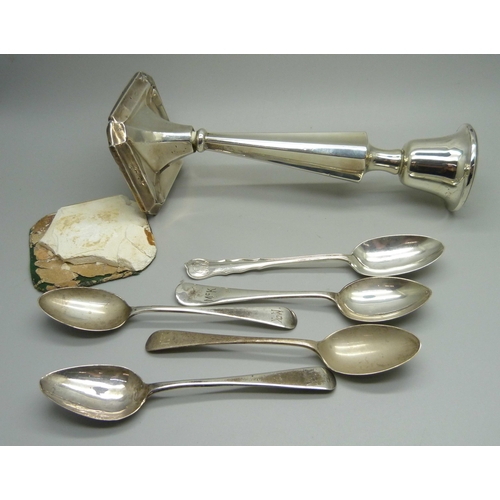 845 - Five silver spoons, 90g, and a silver candlestick a/f