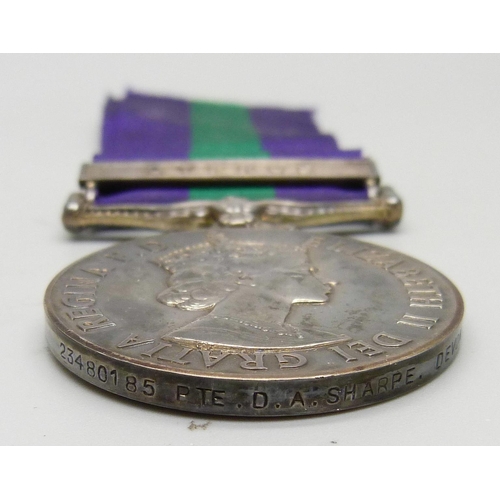 849 - A General Service Medal to 23480185 Pte. D.A. Sharpe, Devon Dorset