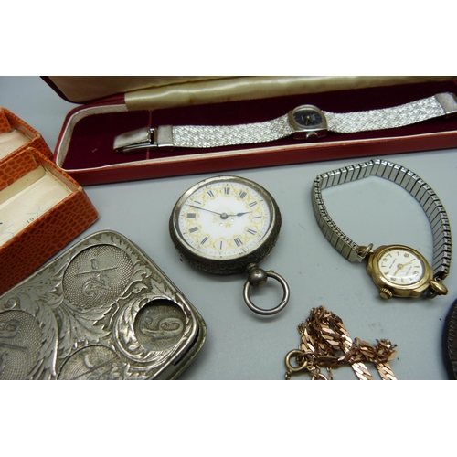 853 - A lady's 9ct gold wristwatch, a 9ct gold bracelet, 4.7g, a silver and gold stone ring, a silver fob ... 