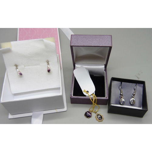 873 - Two pairs of silver and Blue John earrings and two small 9ct gold and Blue John charms/pendants