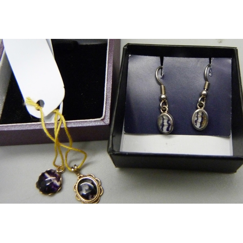 873 - Two pairs of silver and Blue John earrings and two small 9ct gold and Blue John charms/pendants