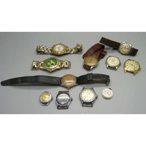 891 - A Buren military wristwatch and other watch heads, etc., two lacking case backs