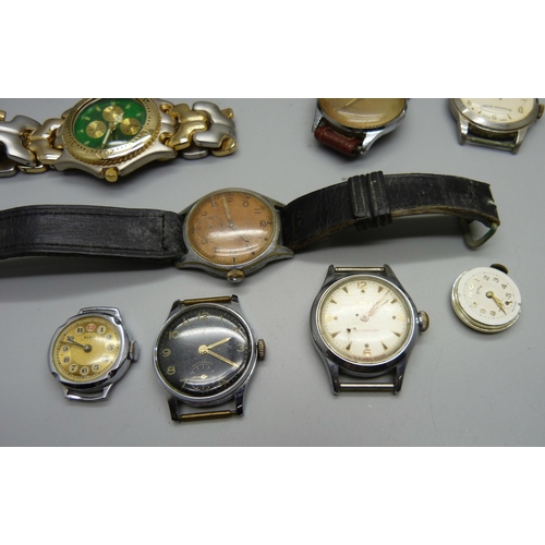 891 - A Buren military wristwatch and other watch heads, etc., two lacking case backs