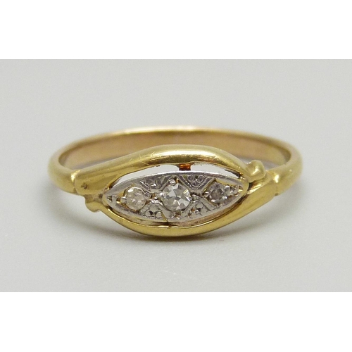 925 - An Edwardian three stone diamond ring, 2g, M, (tests as 18ct gold)