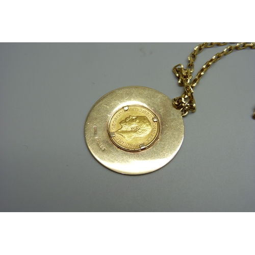 927 - A 1912 half sovereign in a 9ct gold mount and on a 9ct gold chain, total weight 21.4g