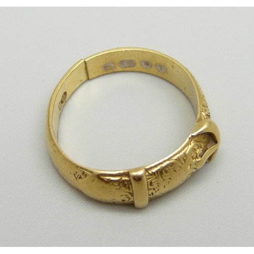 934 - An 18ct gold buckle ring, 6.5g, Q, shank a/f