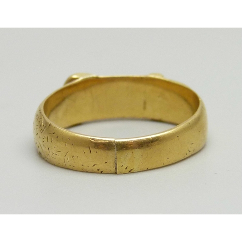 934 - An 18ct gold buckle ring, 6.5g, Q, shank a/f