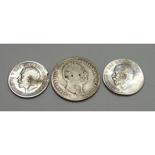 935 - A William IV silver shilling and two 6d coins, a/f