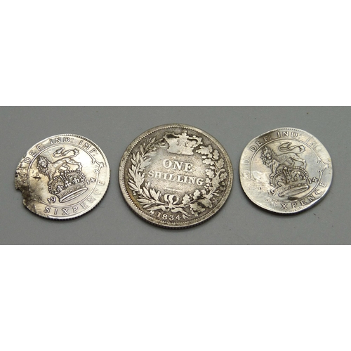 935 - A William IV silver shilling and two 6d coins, a/f