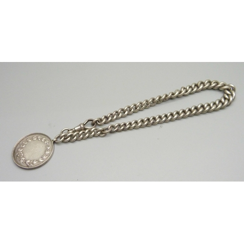 940 - A silver Albert chain and a silver medal, 76g, each graduated link marked