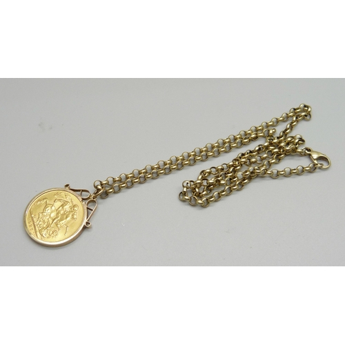 944 - A 1927 full sovereign in a 9ct gold mount and on a 9ct gold chain, 17.7g