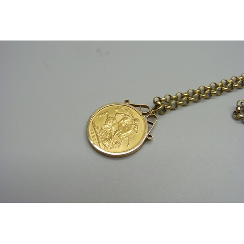 944 - A 1927 full sovereign in a 9ct gold mount and on a 9ct gold chain, 17.7g