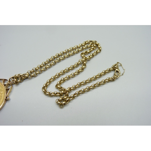 945 - A 1980 1oz. fine gold Krugerrand in a 9ct gold mount and on a 9ct gold chain, total weight 56.3g