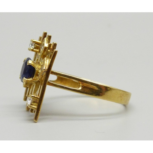 947 - An 18ct gold, diamond and sapphire dress ring, 5.9g, R