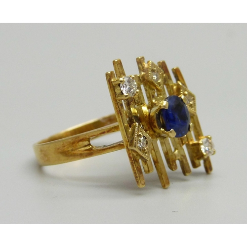 947 - An 18ct gold, diamond and sapphire dress ring, 5.9g, R