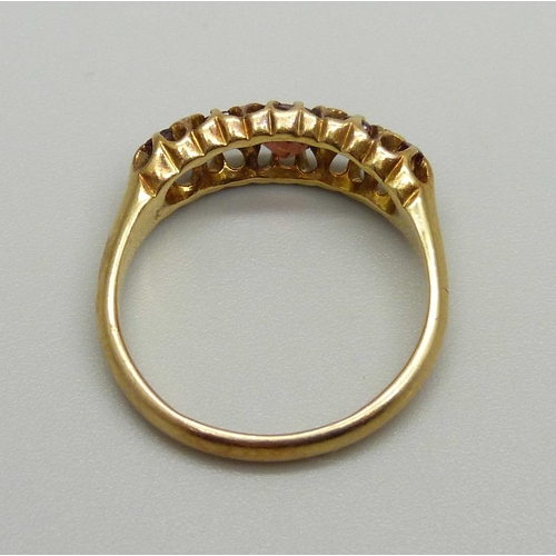 950 - An 18ct gold and red stone ring, Birmingham 1902, 4.6g, P