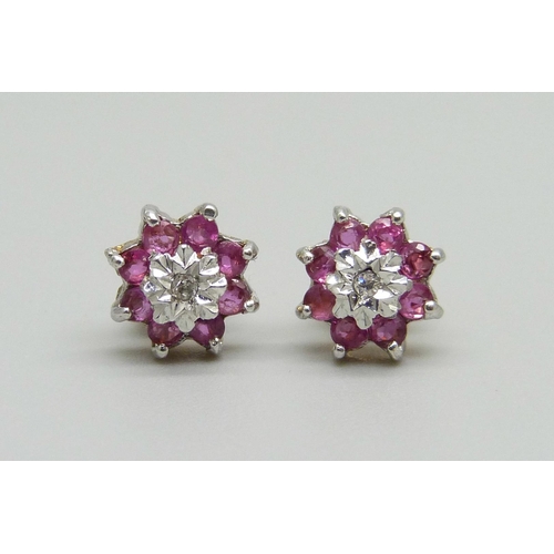 951 - A pair of 9ct gold, diamond and pink stone earrings, 1g