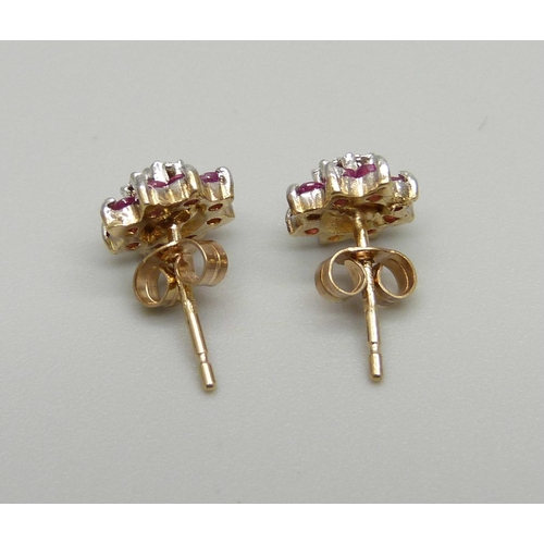 951 - A pair of 9ct gold, diamond and pink stone earrings, 1g