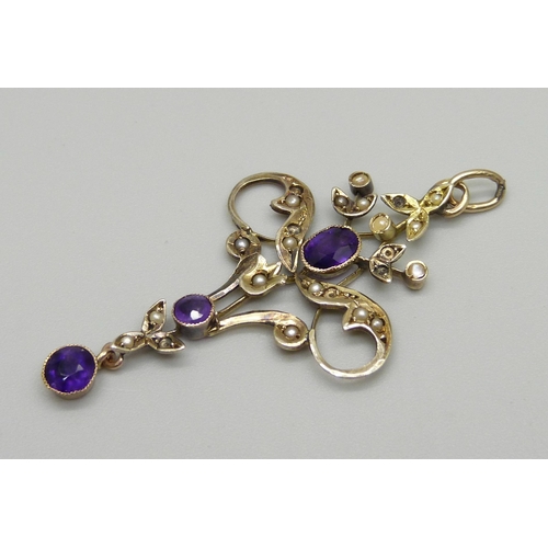 956 - A 9ct gold stone, amethyst and pearl set pendant, 3g