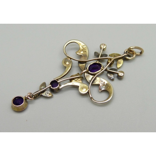 956 - A 9ct gold stone, amethyst and pearl set pendant, 3g