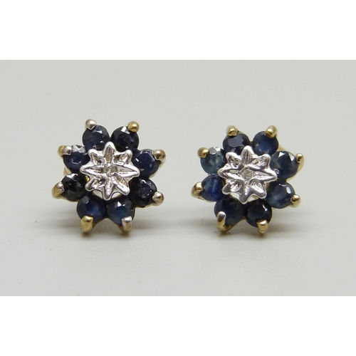 961 - A pair of 9ct gold, diamond and sapphire earrings, 1.6g