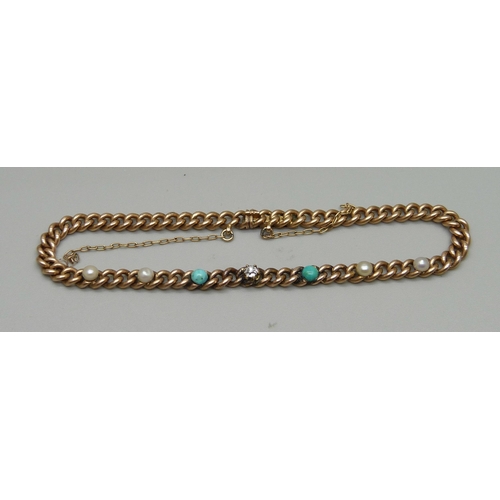 979 - A 9ct gold bracelet set with diamond, turquoise and pearl, 10.5g