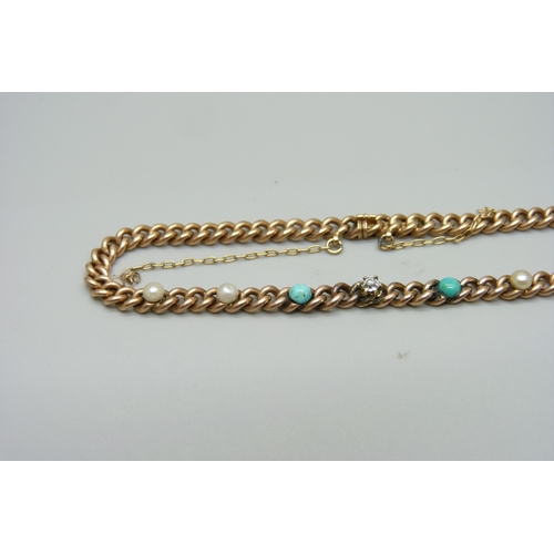 979 - A 9ct gold bracelet set with diamond, turquoise and pearl, 10.5g