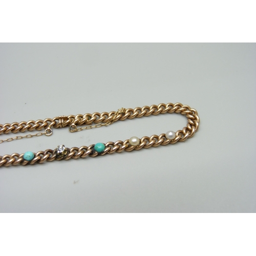 979 - A 9ct gold bracelet set with diamond, turquoise and pearl, 10.5g