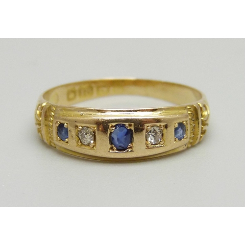 983 - An 18ct gold, sapphire and diamond ring, Birmingham 1898, 2.2g, M