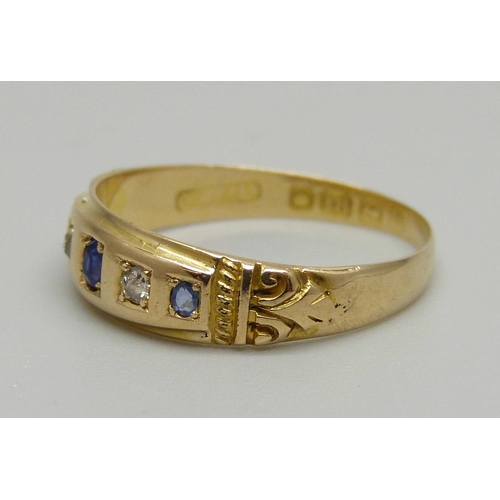 983 - An 18ct gold, sapphire and diamond ring, Birmingham 1898, 2.2g, M