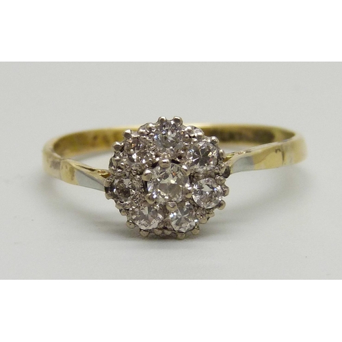 985 - An 18ct gold and platinum set diamond cluster ring, 2.6g, T